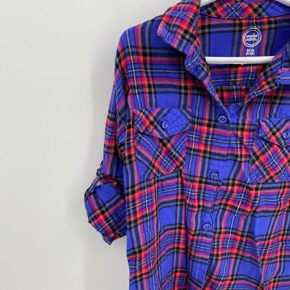 Wonder Nation Plaid Button Front Long Sleeve Shirt Blue Red Size Small 6/6X - Picture 5 of 7
